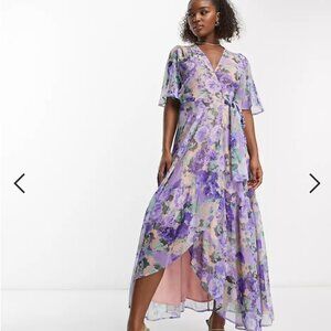ASOS Hope & Ivy flutter sleeve wrap maxi dress in blue floral